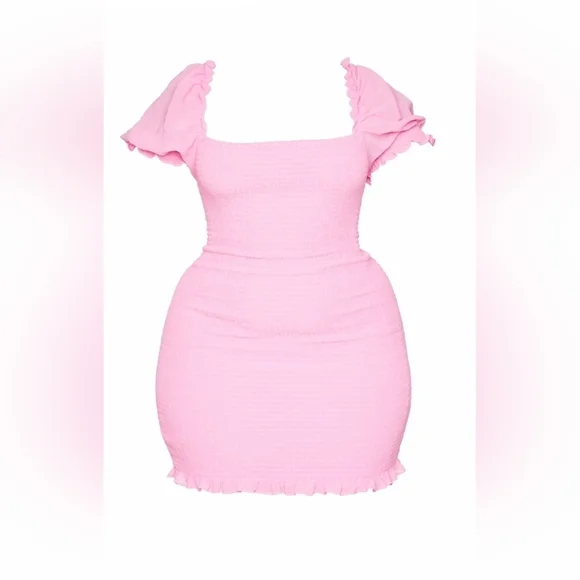 16 • PrettyLittleThing • Pink Square Neck Puff Sleeve Shirred BodyCon Mini Dress - Picture 5 of 5